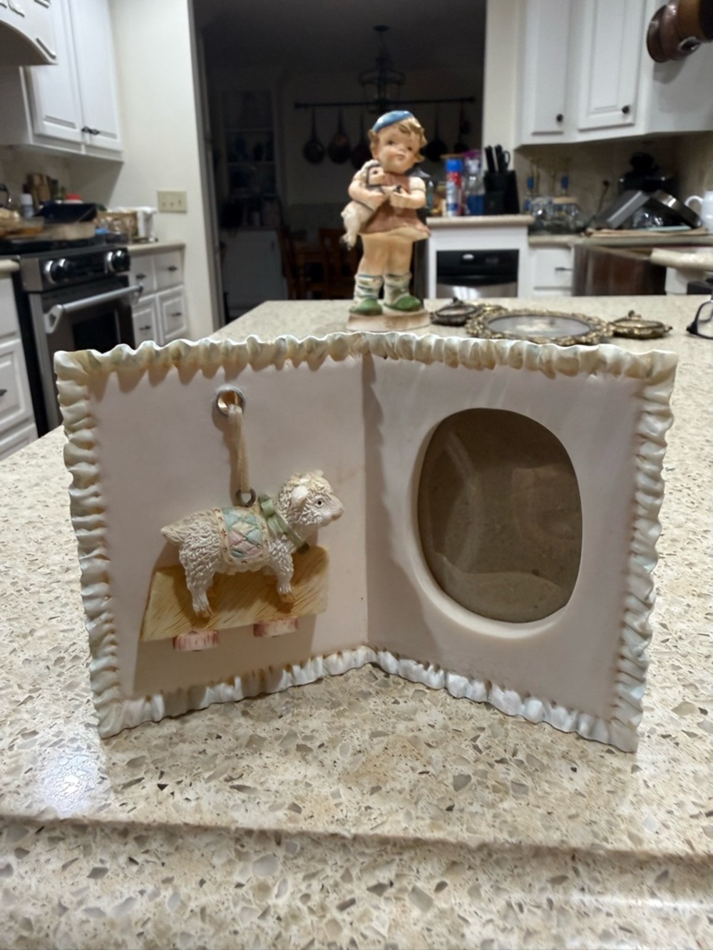 1980s- 2000s Vintage-Inspired White Ceramic Picture Frame with Lamb Accent